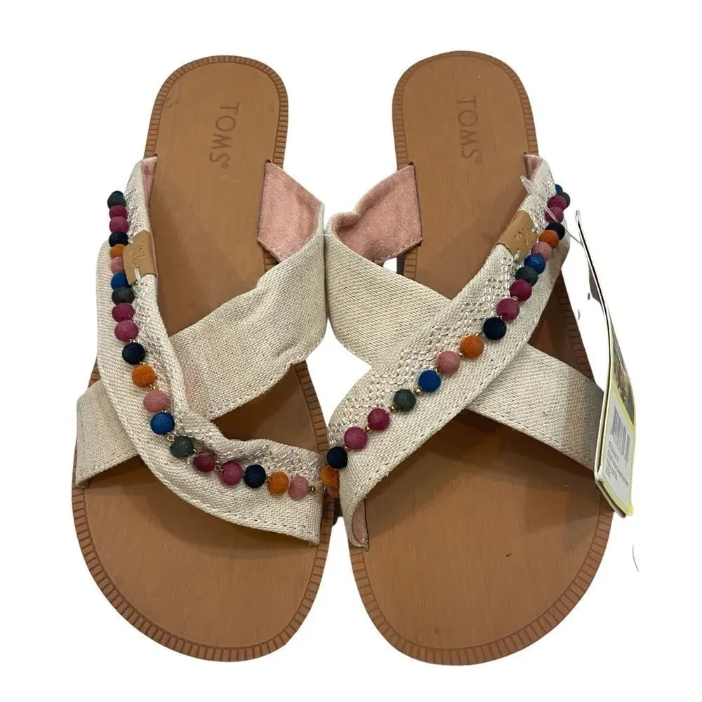 New With Tags Girls Toms Viv Hemp Pom Pom Embroidered Sandals Youth‎ Small